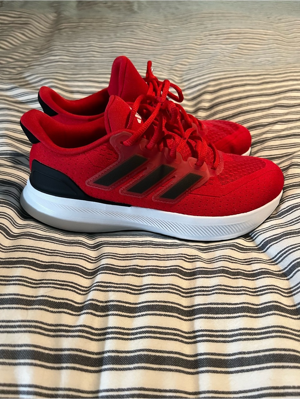 Adidas red sneakers with black stripes 7.5